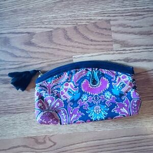 New J. Crew Paisley Print Zippered Cosmetic Bag with Tassel Navy Blue & Pink